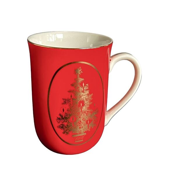 Otagiri Christmas Gibson Porcelain Cup Red Gold Tree Mug Holidays 4" Tall Japan - Picture 4 of 11